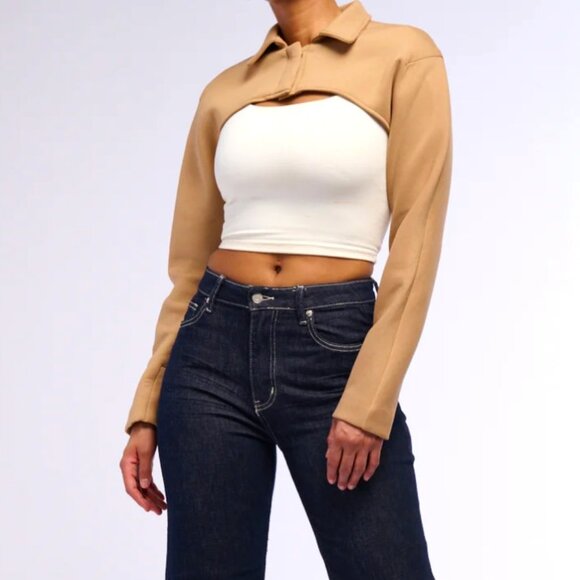 Callie Lives Miz Yuki Crop Bolero Working Tan Shacket Jacket L 1X - Picture 6 of 10